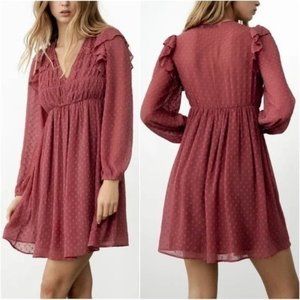 Zara Swiss Dot Ruffle Chiffon Mini Dress in Marsala Pink size Small V Neck